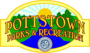 The words Pottstown Parks & Recreation accross a creek that's tailing into a bright sunset. The yellow circle of the sun is emitting rays of bright light.